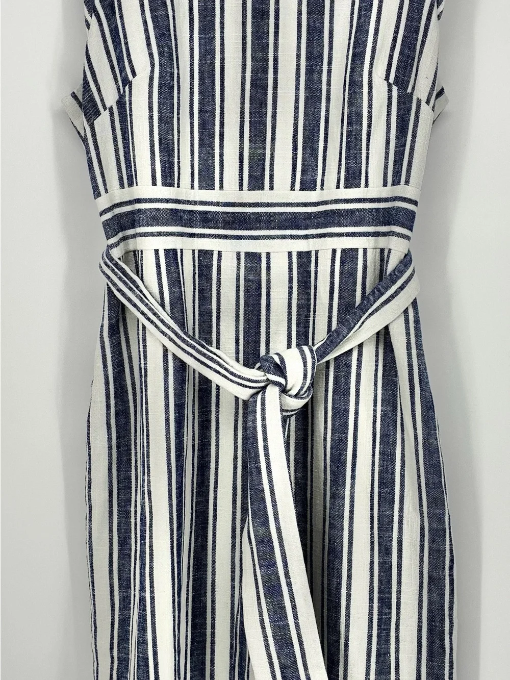 J.Crew Women’s Blue/White Striped Linen Blend Sleeveless Belted Dress - 16Tall